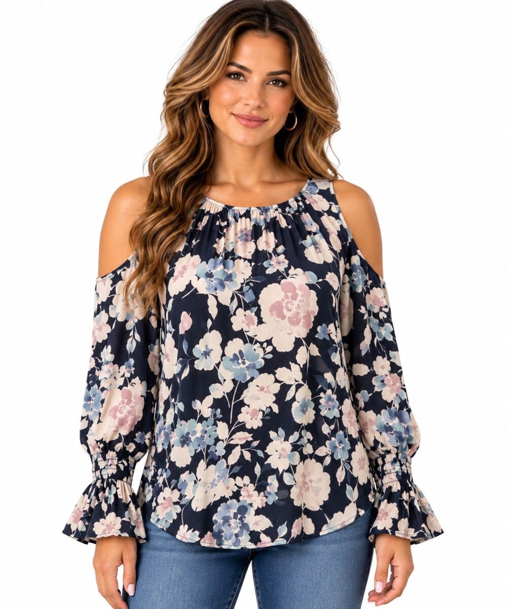 J.Jill Women’s Size M Floral Cold Shoulder Blouse Navy Smocked Bell Sleeve Top